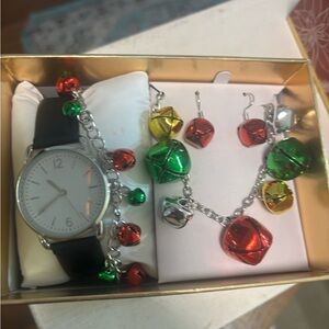Black Strap Watch with Festive Jingle Bell Jewelry